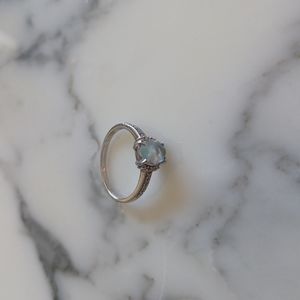 Aquamarine and Diamond Sterling Silver Ring Size 7.5